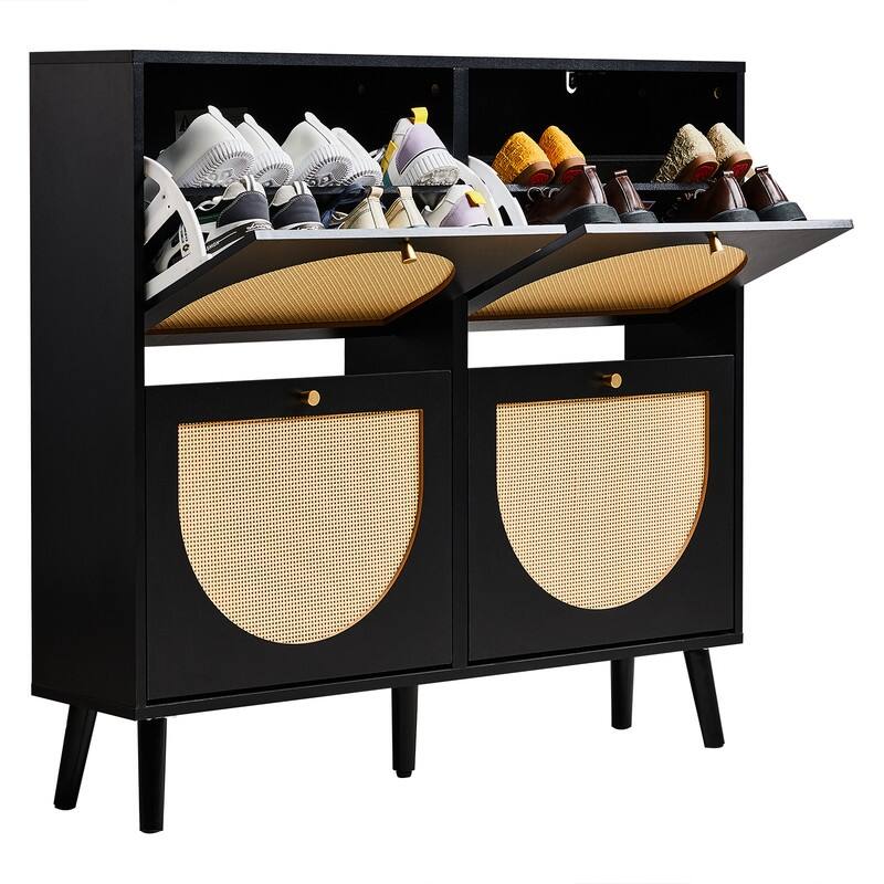 Rattan Shoe Cabinet with 2 / 4 Flip Drawers, Narrow Shoe Storage Cabinet,Organizer for Entryway, Bedroom, Living Room