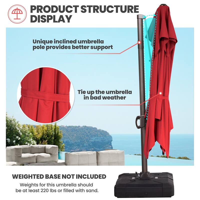 9 x 12 ft Double Top Patio Cantilever Umbrella with No Base, 360-degree Rotation