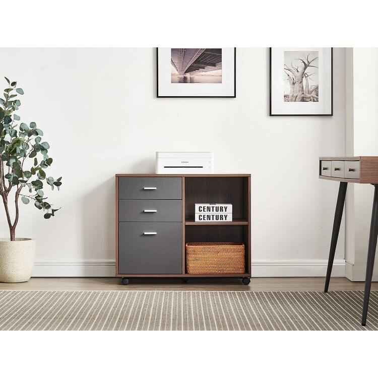Walnut Horizontal Filing Cabinet, Printer Holder with 3 Drawers