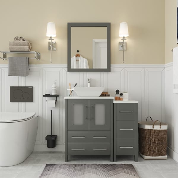 slide 2 of 30, Vanity Art 36" Single Sink Bathroom Vanity Set with Engineered Marble Top and Free Mirror - 36 W X 18.5 D X 31.1 H Grey