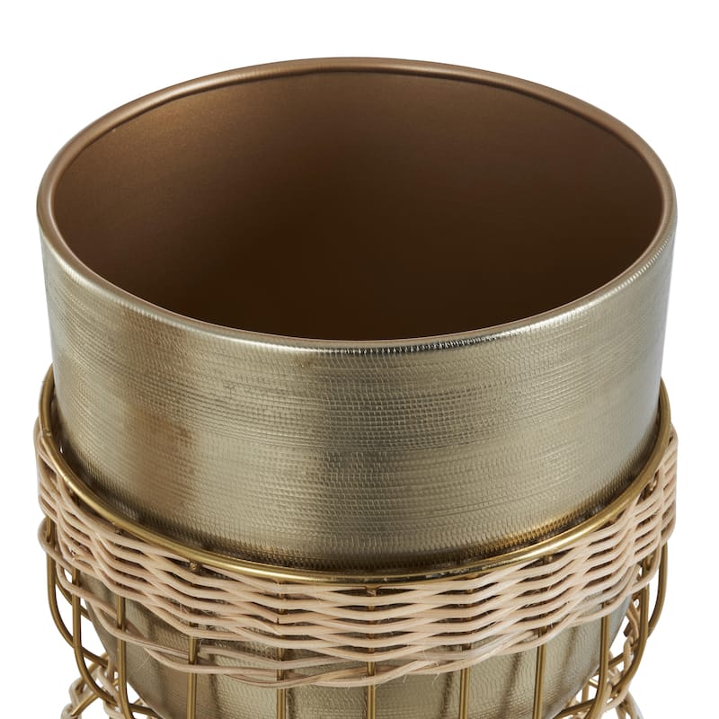 Metal Textured Dome Indoor Planter with Woven Seagrass or Rattan and Cage Rod Base - Set of 3 Gold or Silver - Roche River Decor