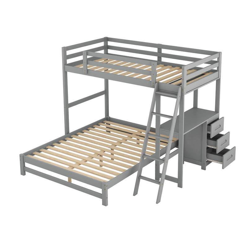 Twin over Full L-Shaped Bunk Bed Multi-Functional Pine Wood Bunk Bed Frame with All-in-One Desk and 3 Drawers