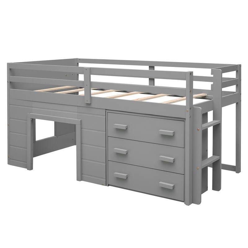 Compact Twin Loft Bed with Storage Cabinet and Shelf in Gray