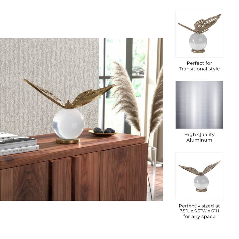 Metal Sculpture Butterfly Statue Orb Base for Home Decor - 6" Gold - 7.75" x 5" x 6"