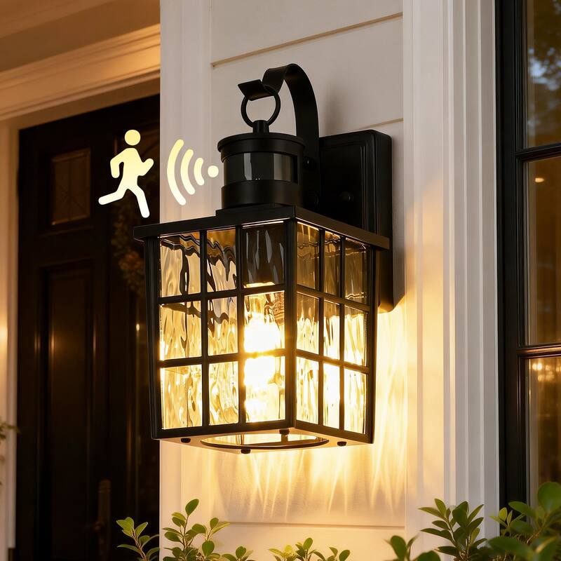 12 in. Matte Black 1-Light Motion Sensing Outdoor Wall Sconce with Dusk to Dawn and Water Wave Glass Shade - Black