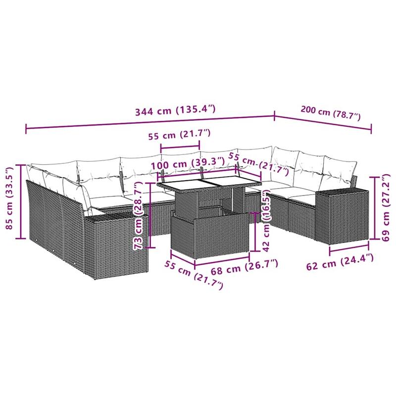 vidaXL Patio Sofa Set with Cushions Table and Couches 11 Piece Poly Rattan - 24.4" x 24.4" x 27.2"