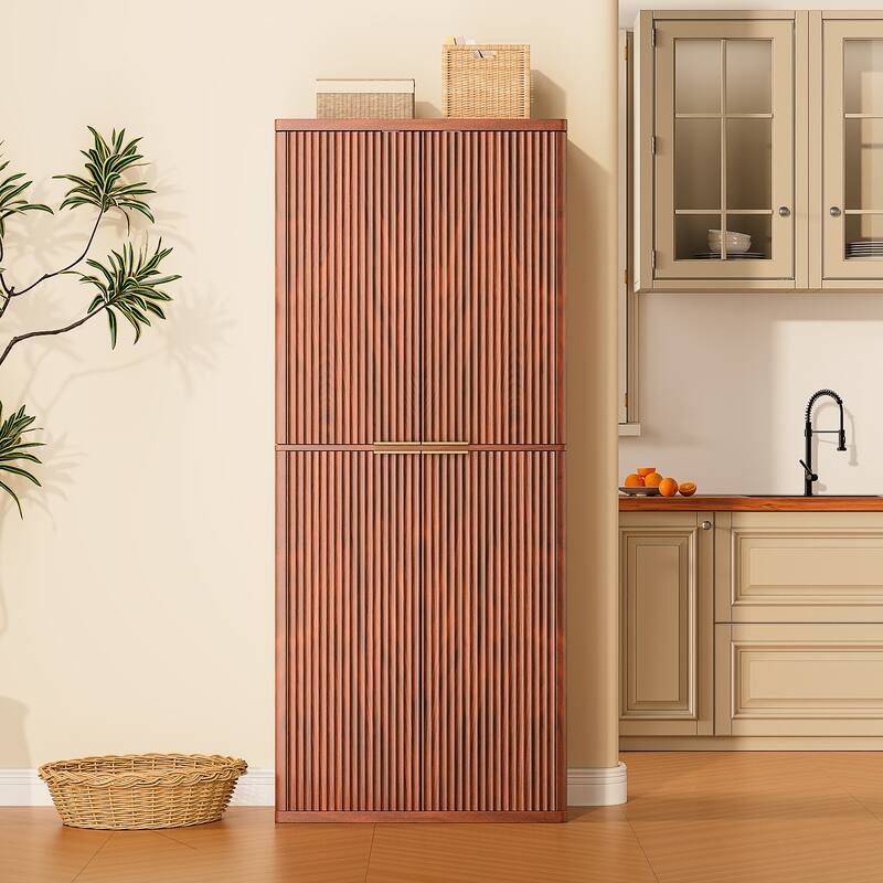 72" Tall Kitchen Pantry Modern Fluted Wood Storage Cabinet with Doors,6 Door Shelves, Organizer, Versatile Cupboard