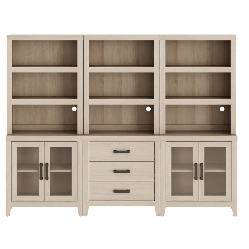 WAMPAT 74" Tall Bookshelf with Glass Doors and Drawers, Farmhouse Bookcase with Adjustable Shelves