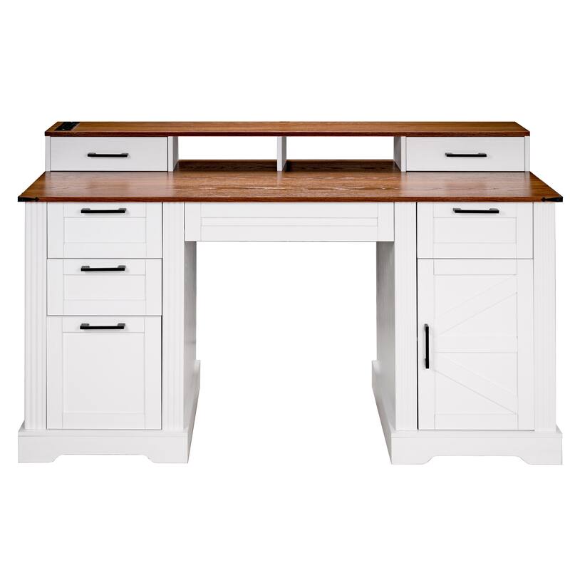 59" Executive Desk with Drawers, Farmhouse Home Office Desk Wood Computer Desk with Charging Station, Keyboard Tray