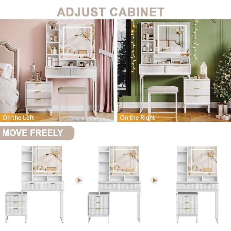 Vanity Desk with LED Mirror and Stool, Movable Side Cabinet, 5 Drawers,