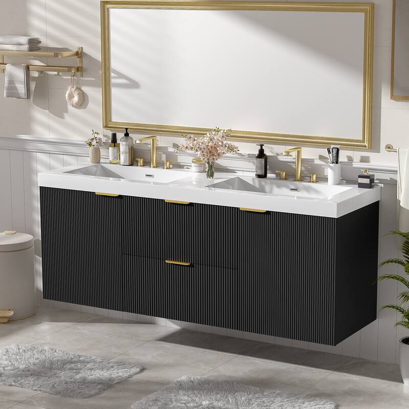 GDFStudio - Mercer Transitional Wall Mounted Bathroom Vanity Cabinet with Double SMC Sink, Soft Close Doors & Drawers