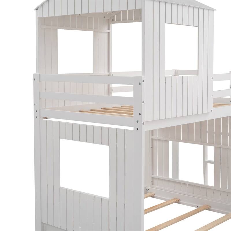 Merax Wooden Twin over Full Bunk Bed with Playhouse, Farmhouse, Ladder, Slide and Guardrails