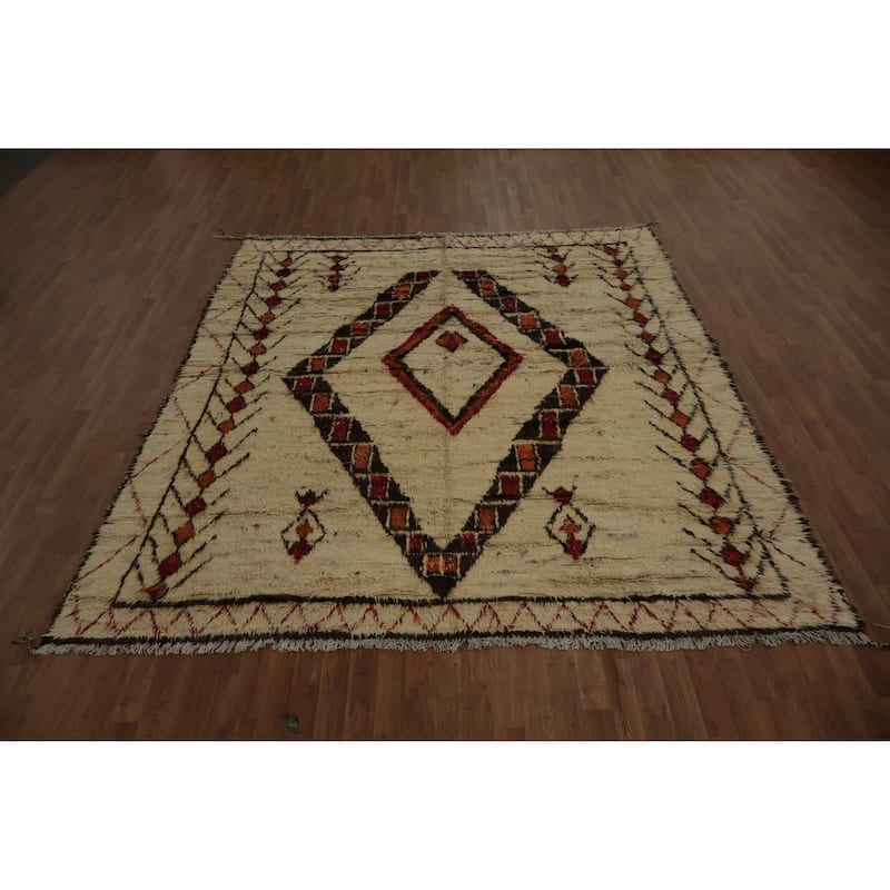 Hand Knotted Oriental 100% Wool Carpet Modern Tribal Beige & Ivories Moroccan Area Rug - 9' 6'' X 8' 3''