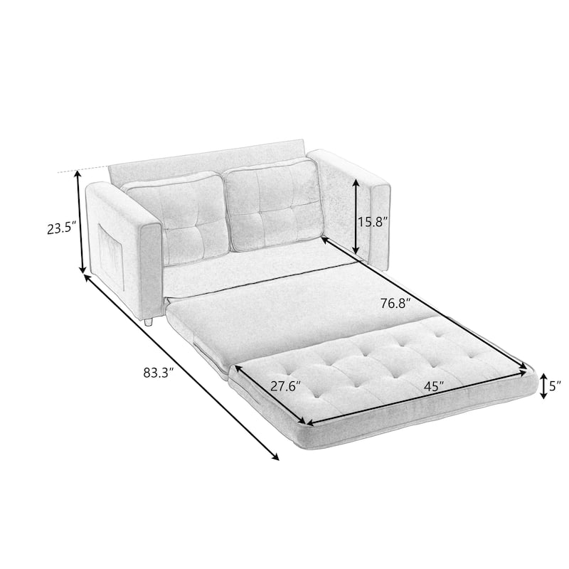 Velvet 55" Convertible 3-Fold Loveseat Sofa Bed: Pull-Out Feature, Side Storage Pocket