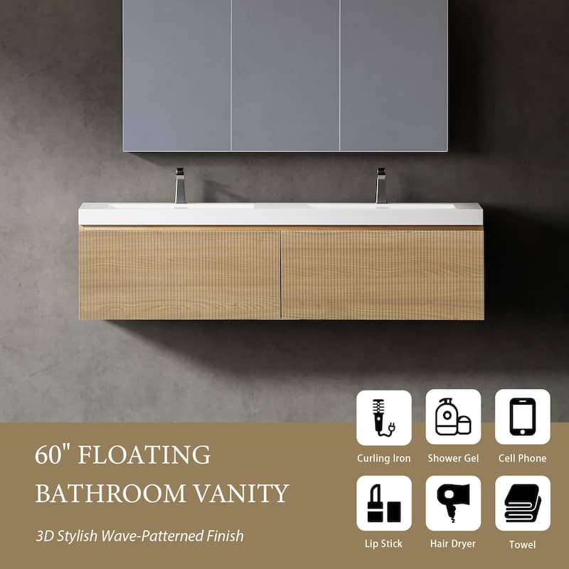 GDFStudio - Emerson 60-Inch Floating Double Bathroom Vanity with Solid Surface Basins and Fluted Storage Drawers