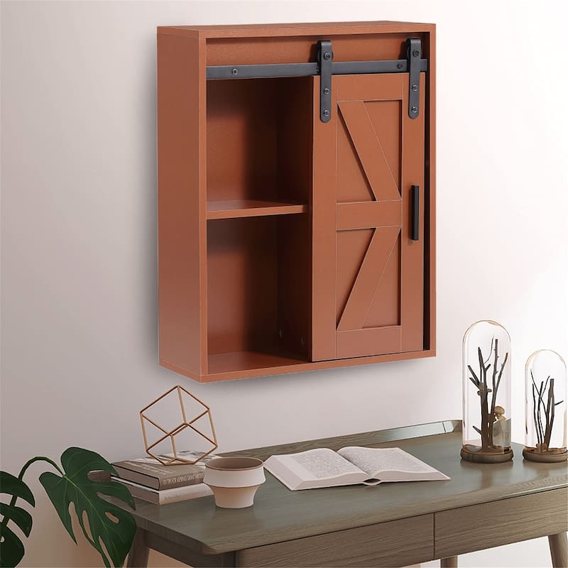 Rustic Wooden Wall Mounted Storage Cabinet with Sliding Barn Door - 27.6"H