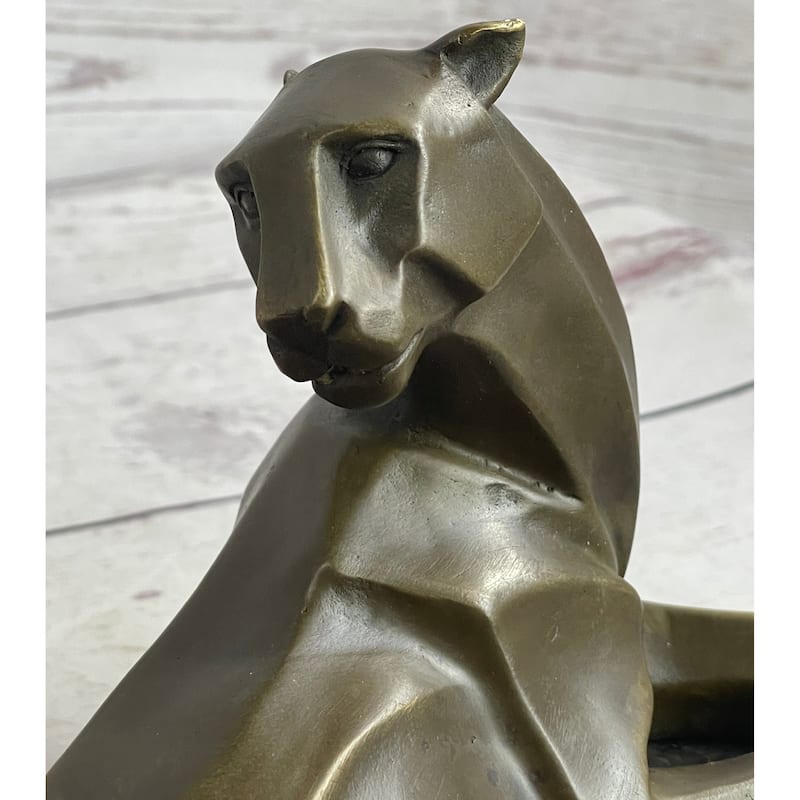 Handcrafted Henry Moore Mountain Lion Bronze Sculpture Marble Base Figurine