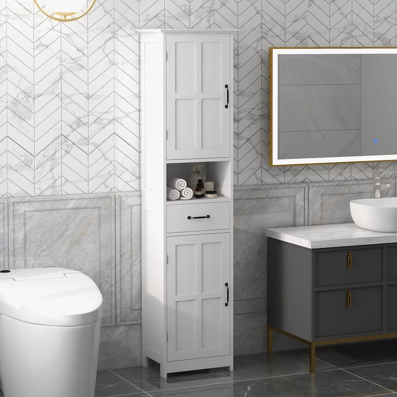 White MDF Bathroom Storage Cabinet with Drawer, Open Shelf and Adjustable Shelves - 15.75" W x 11.75" D x 64.5" H