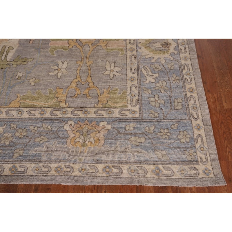 Vegetable Dye Oushak Turkish Area Rug Handmade Floral Grey Wool Carpet - 9'1" x 11'11"