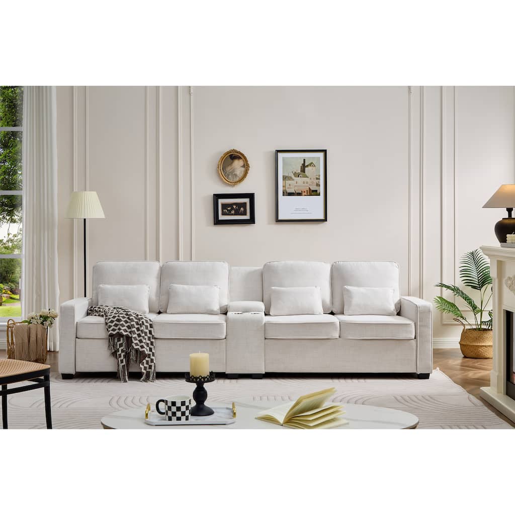 114" Upholstered Sofa with Console, 2 Cupholders and 3 USB Ports, Modern Linen Fabric, 4 - Seat, Beige