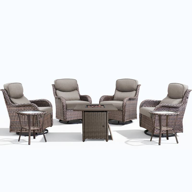 Meyreso 7-Piece Outdoor Patio Wicker Fire Pit 4 person Conversation Set with 5-Inch Thick Cushions