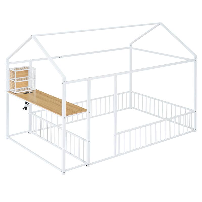 House Bed with Desk and Storage - Twin/Full Metal Frame with USB Ports, Power Outlets, and Shelves