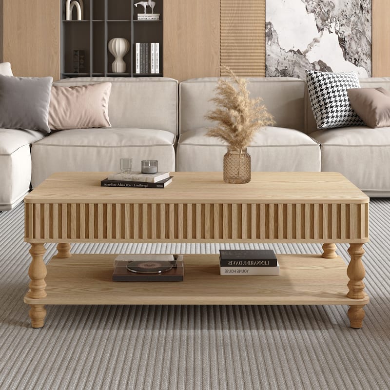 47.24 in Rectangular Fluted Lift-Top Coffee Table with Hidden Open Storage - Natural - 8' x 10'