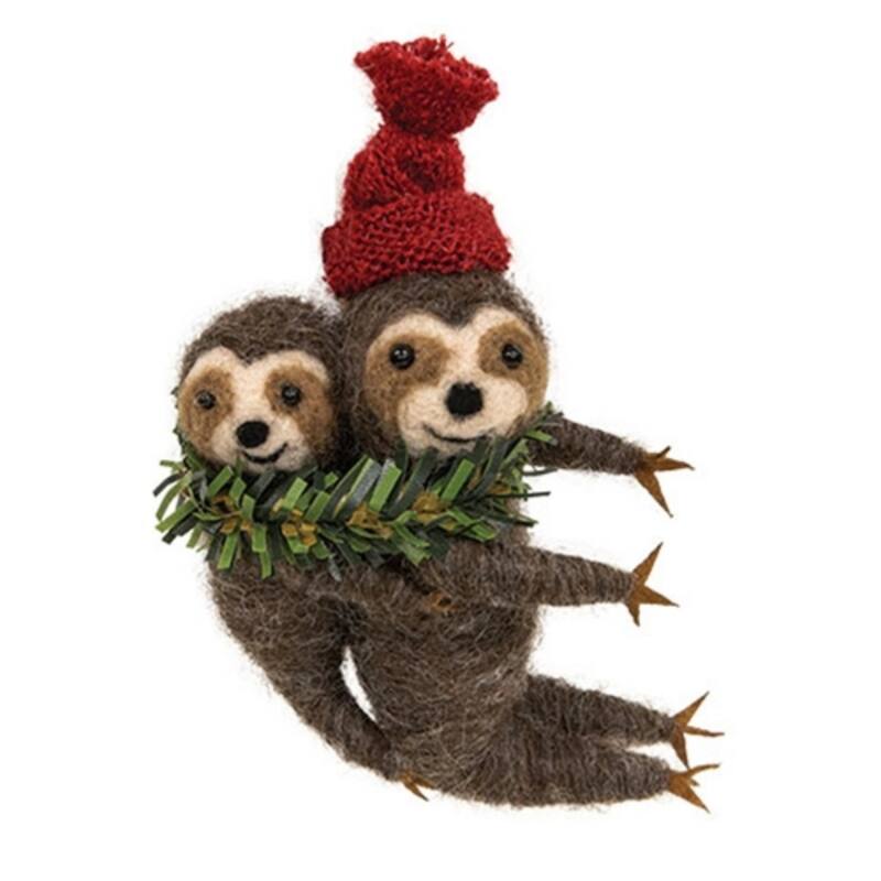 Sloth and Baby Felt Christmas Ornament 4.75 Inch Holiday Tree Decor with Red Knit Hat - 4.75 H x 3.5" W x 2" D - Brown