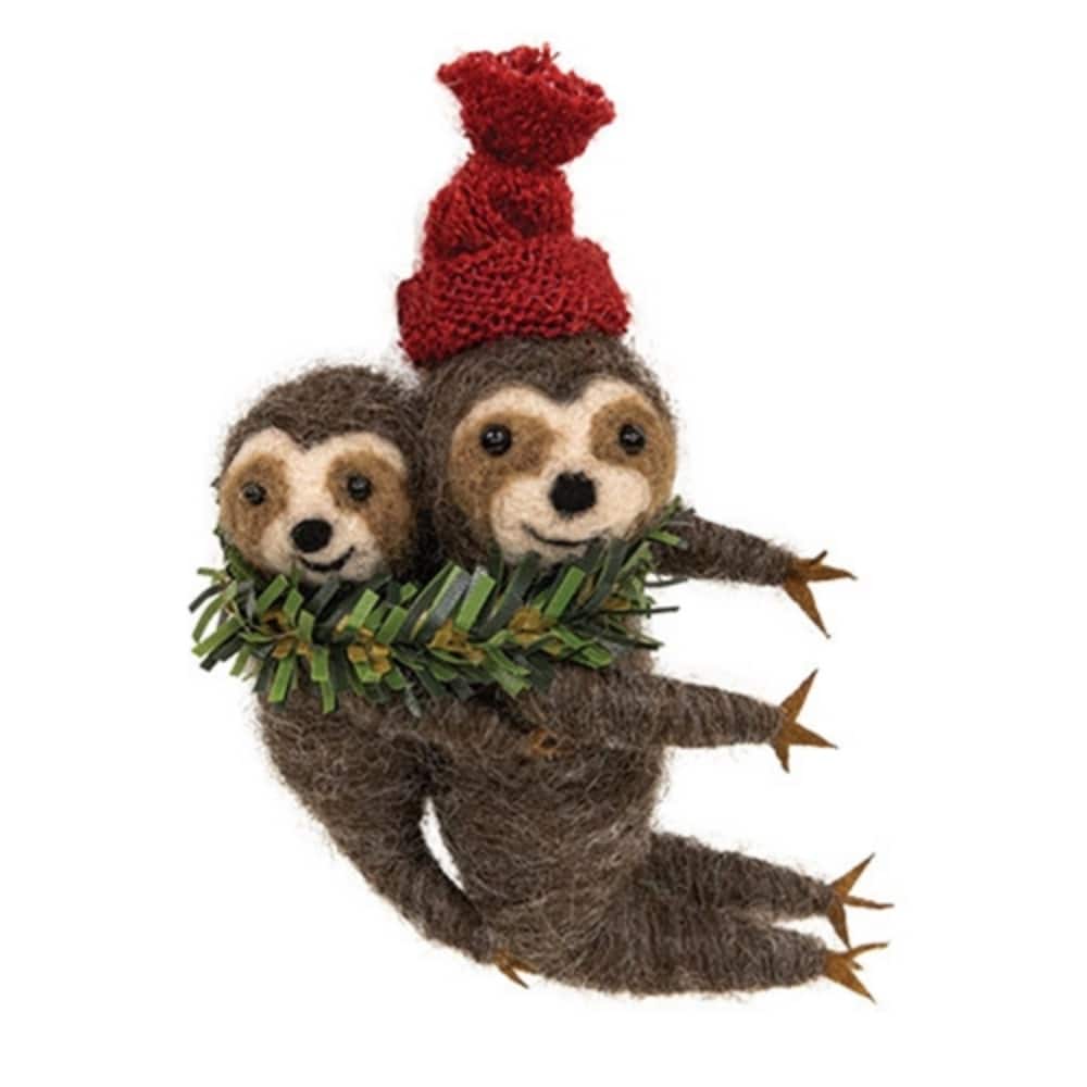 Sloth and Baby Felt Christmas Ornament 4.75 Inch Holiday Tree Decor with Red Knit Hat - 4.75 H x 3.5" W x 2" D