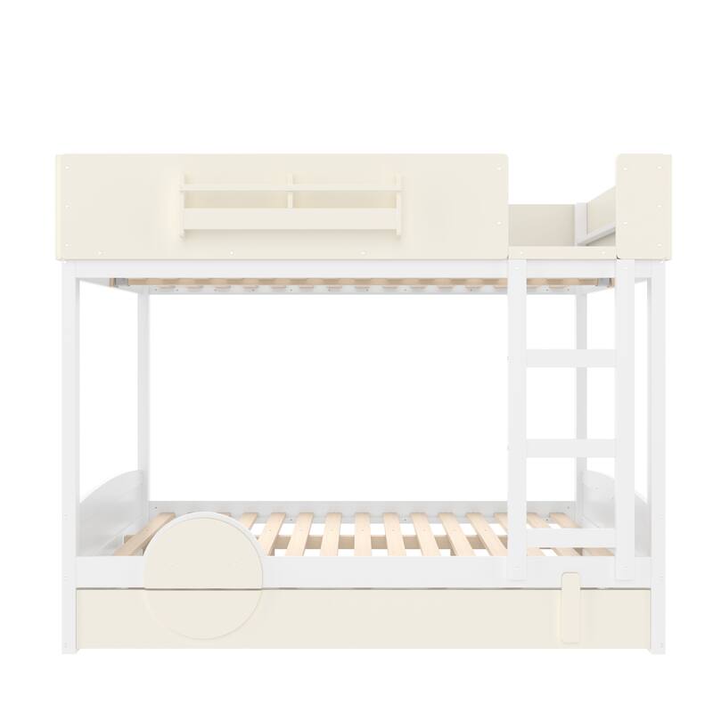 Kids Bed Wooden Bunk Bed with Trundle and Built-in Storage Bookshelves