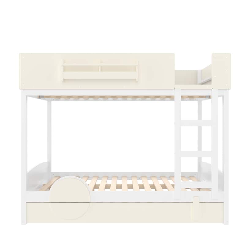 Queen/Full Bunk Bed with Trundle, Built-in Bookshelf & Safety Guardrail, Automobile Design