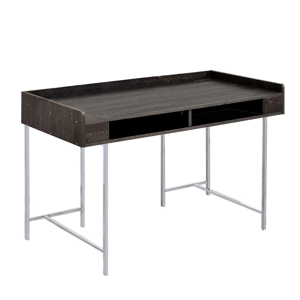 Wooden Desk with Metal Base and Open Compartments, Brown