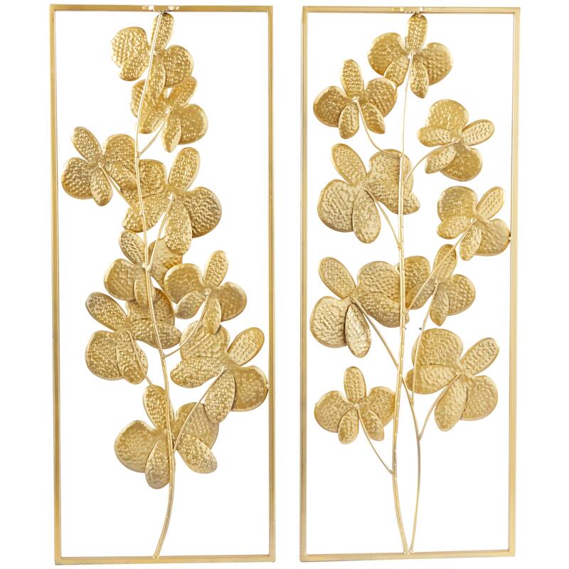 CosmoLiving by Cosmopolitan Gold Metal Orchid Floral Home Wall Decor with Gold Frame (Set of 2)