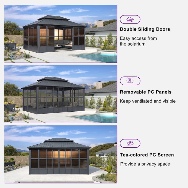PURPLE LEAF Double Top Outdoor Sunroom Screen House Patio Hardtop Gazebo