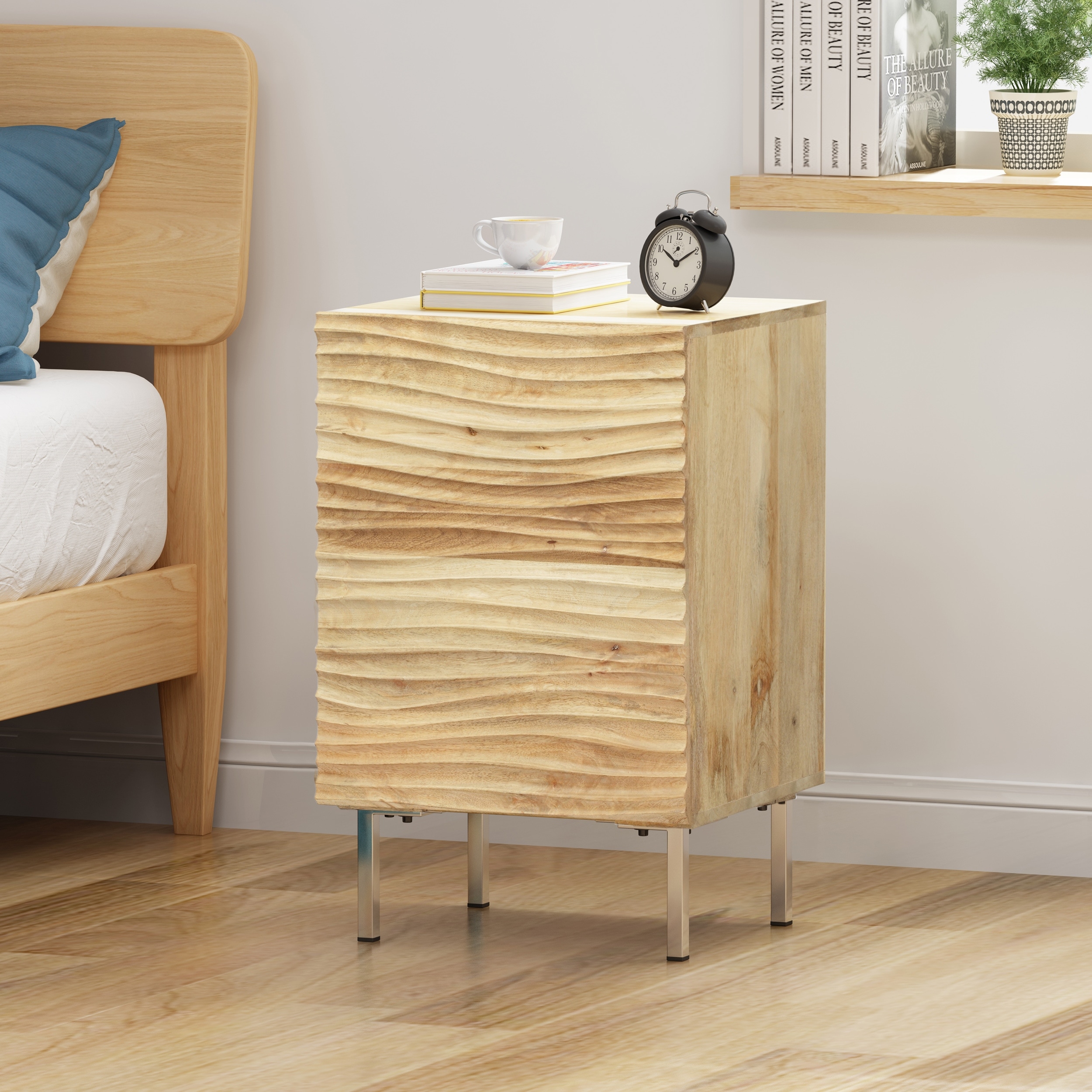 18" Retro Natural Wood Design Nightstand with Small Cabinet