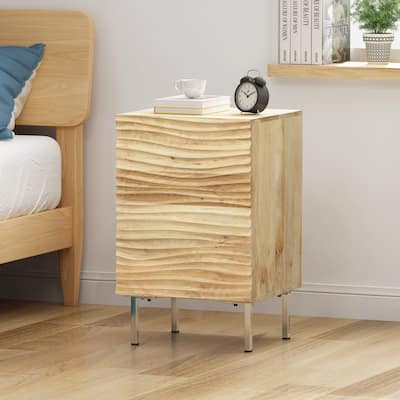 Roomfitters Modern Bedside Table, Natural Mango Wood Nightstand with Textured Door and Metal Legs, Natural
