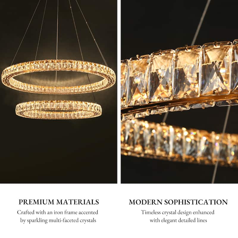 Modern LED Crystal Ring Chandelier 2-Tier Gold Lights for Dining Room
