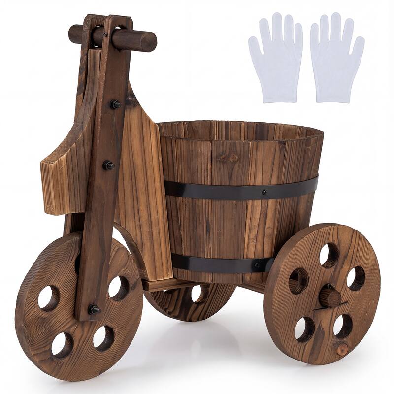 Gymax Rustic Wood Tricycle Planter w/Barrel Pot & Drainage for Patio - Brown