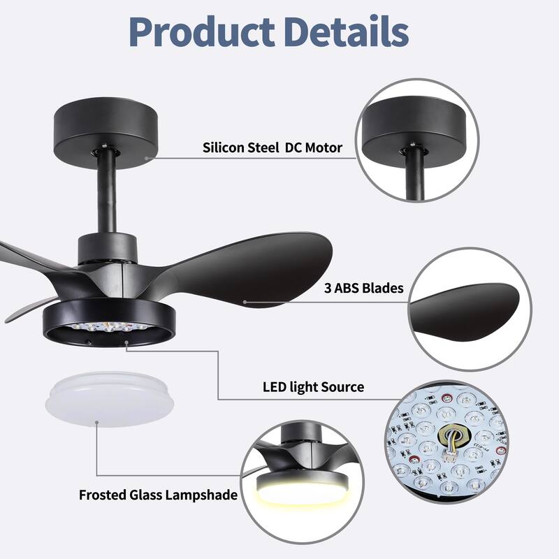 24 inch Small Ceiling Fan with Light Remote 6 Speed Quiet Reversible DC Motor Low Profile Black