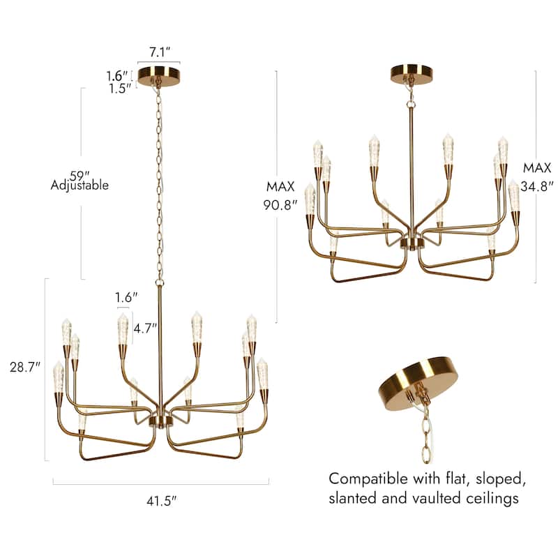 Modern 12-Light LED Gold Chandelier Lights for Living Dining Room - D41.5"xH28.7"
