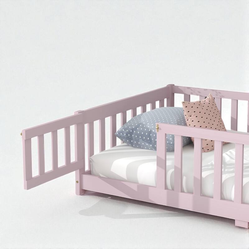 Twin Size Floor Bed with Fence and Door, Rubber Wood Frame with Safety Guardrails