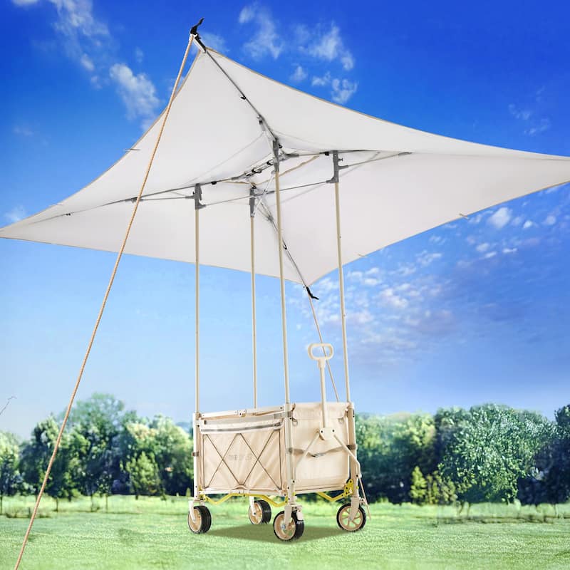 Foldable Camping Cart with Adjustable Handle, Bamboo Tabletop, Foldable storage, and Waterproof Oxford Canopy