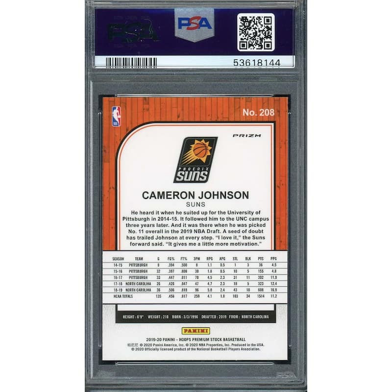Cameron Johnson 2019 Panini Hoops Premium Stock Pulsar Rookie Card #208 PSA 9 - 8'6" x 11'6"