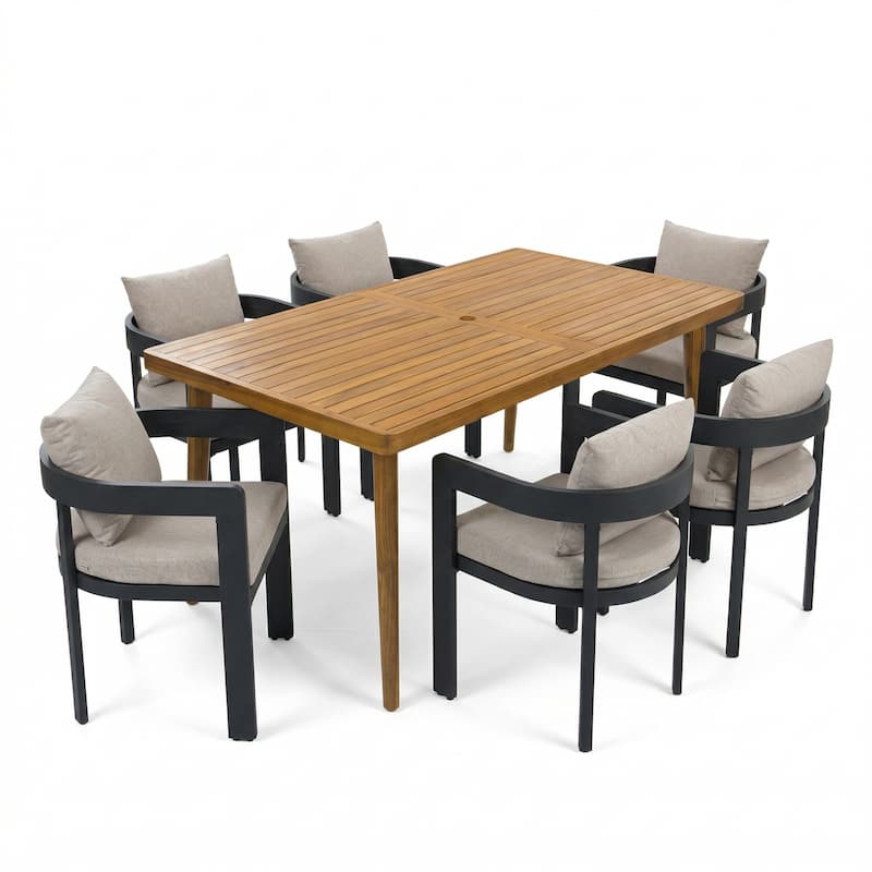 Christopher Knight Home - Elko 7-Piece Outdoor Dining Set with Acacia Wood Table and Aluminum Chairs