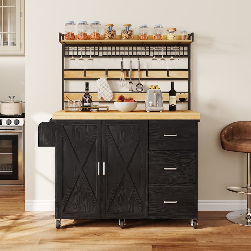 Moasis Rolling Kitchen Island Storage Shelf Mesh Panel with 3-Drawer Hooks Spice Rack Glass Holder