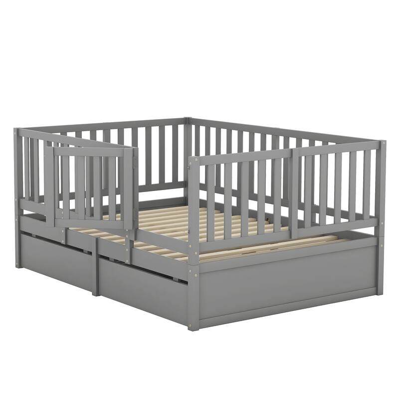 Modern Wood Daybed with Fence Guardrails and 2 Drawers