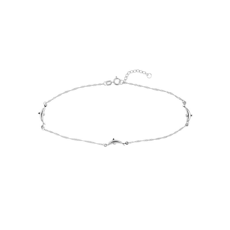 Curata 14k White Gold Adjustable Dolphin Station Twist Singapore Chain 10-inch Anklet