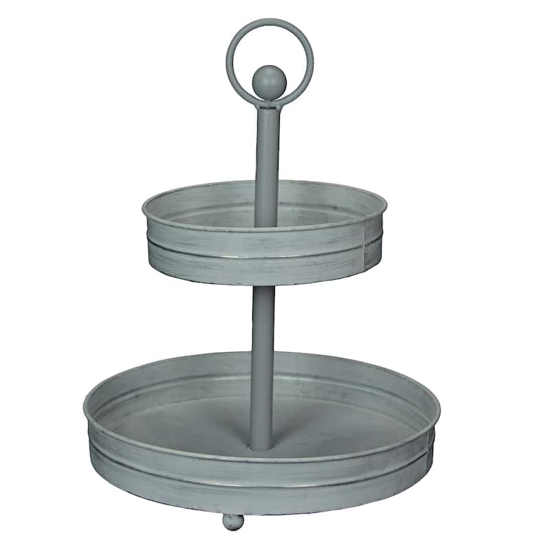 Zeckos Washed White Metal Round Two Tier Farmhouse Serving Tray - 16 X 12 X 12 inches