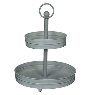 Zeckos Washed White Metal Round Two Tier Farmhouse Serving Tray - 16 X 12 X 12 inches