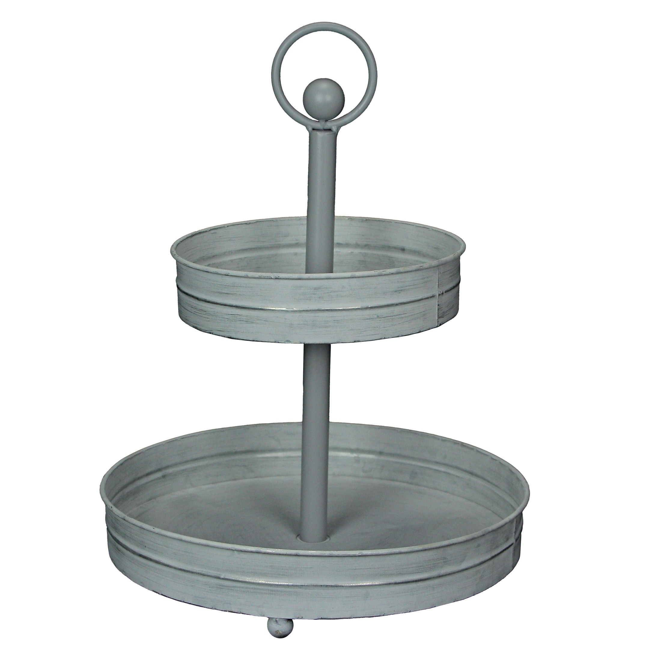 Zeckos Washed White Metal Round Two Tier Farmhouse Serving Tray - 16 X 12 X 12 inches